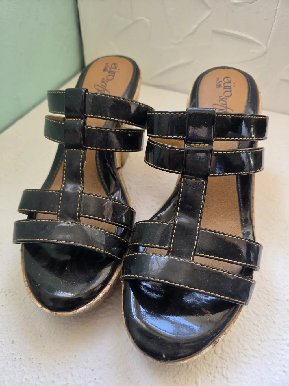 Black Patent Cork-Platform Slide Heels by Eurosoft